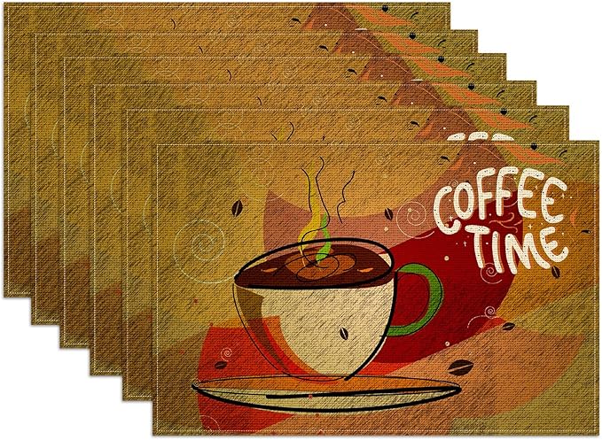 Coffee Time Placemats Set of 6,12x18 Inch Linen Place Mat Washable Stain Resistant Table Mats for Spring Summer Seasonal Farmhouse Kitchen Party Home Decor