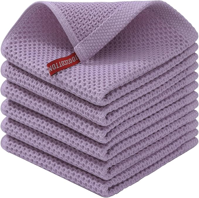 Kitinjoy 100% Cotton Kitchen Dish Cloths (12 X 12 Inches, Lavender), 6 Pack Waffle Weave Ultra Soft Absorbent Dish Towels for Drying Dishes Quick Drying Kitchen Towels Dish Rags