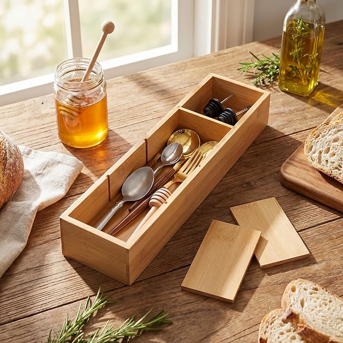 Hushee 2 Pcs Bamboo Drawer Organizer with 3 Removable Dividers 17.5 x 4 x 2.5 Inch Bamboo 4 Compartment Organizer Tray for Bathroom Kitchen Tableware Office Supplies Cosmetics Classification