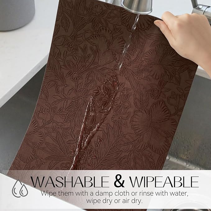 Romanstile Vinyl Placemats Set of 8-12 X 17 Inch - Heat Resistant Non-Slip Embossed Floral Place Mats 100% Waterproof Oilproof Wipeable Faux Leather Table Mats for Kitchen/Dining/Party, Brown