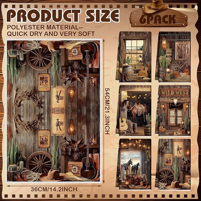 Breling 6 Pcs Western Cowboy Scene Kitchen Towel Wooden House Barn Vintage Themed Dish Towel Bathroom Decorative Rustic Cloths for Kitchen Bathroom Home Housewarming Gift 14 x 21 Inch