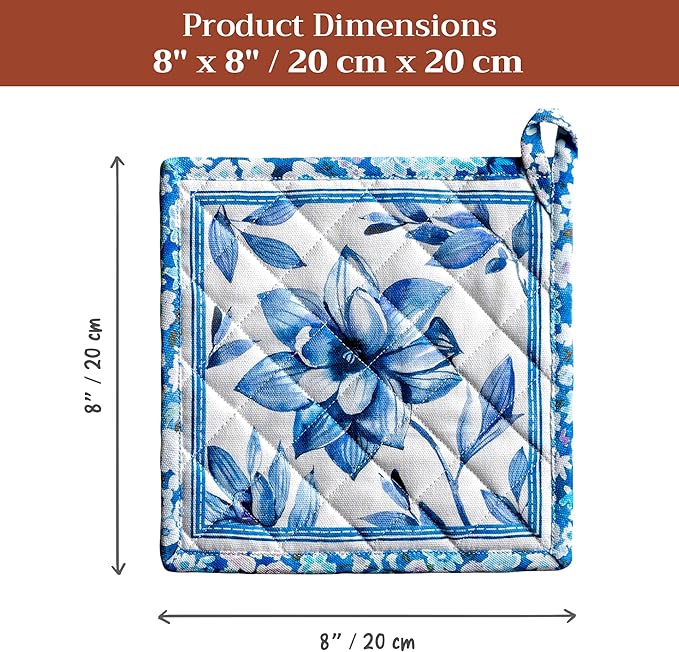 Maison d' Hermine Pot Holders 100% Cotton Heat Resistant Potholders 8" x 8" Hot Pads with Loop BBQ Cooking Baking Gifts for Mothers Day Handling Hot Pans Spring/Summer (Pack of 2, Summer Blues)