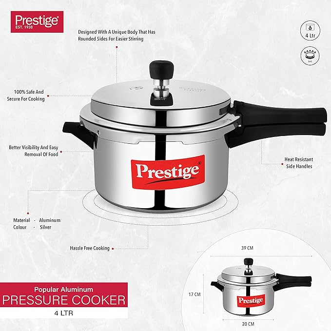 Prestige PRP4 Aluminum Pressure Cooker, 4 L, Silver