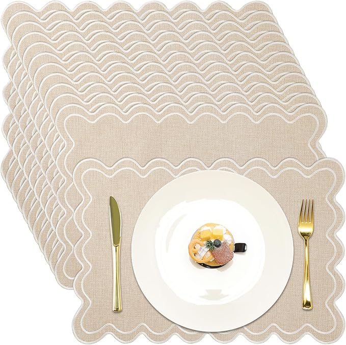 Linen Placemats Set of 12 Scalloped Placemat 13 X19 Wavy Embroidery Double Layered Washable Farmhouse Dinner Fabric Table Mat Napkin for Wedding Party Christmas Hotel Restaurant(Cream)