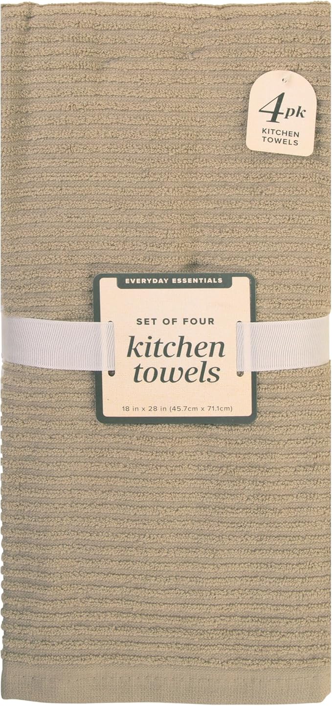 MosJos Kitchen Hand Towels Set of 4 Cotton Ribbed Taupe and White Hand Towels, 18 x 28 Super Absorbent Drying Cloth Kitchen Linens