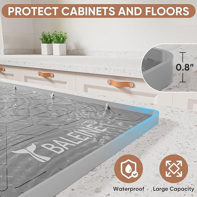 BALEINE 34''×22'' Under Sink Mat, Waterproof Food Grade Silicone Undersink Mat, Cabinet Shelf Drip Tray, Under Sink Liner for Kitchen, Bathroom (Grey)