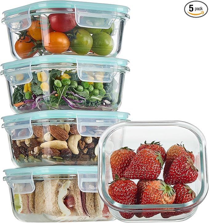 Vtopmart 5Pack 17.5oz Glass Storage Containers with Lids, Glass Meal Prep Food Container Sets with Snap Airtight Lids for Microwave, Oven, Freezer and Dishwasher, Green