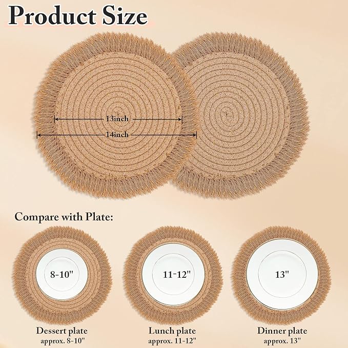 13 Inch Round Cotton Placemat Set of 4 Boho Placemats Table Mats Woven Washable Table Placemats for Fall Kitchen Dining Home Farmhouse Thanksgiving Christmas Decoration Heat Resistant Place Mat
