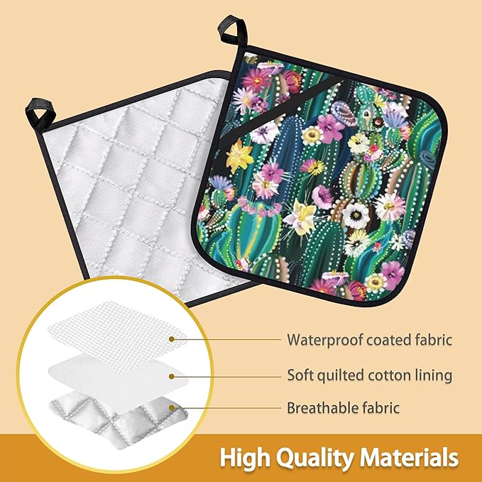 Blooming Cactus Succulents Flowers Pot Holder Set of 2,Heat Resistant Potholders Oven Hot Pads for Kitchen Cooking Baking BBQ