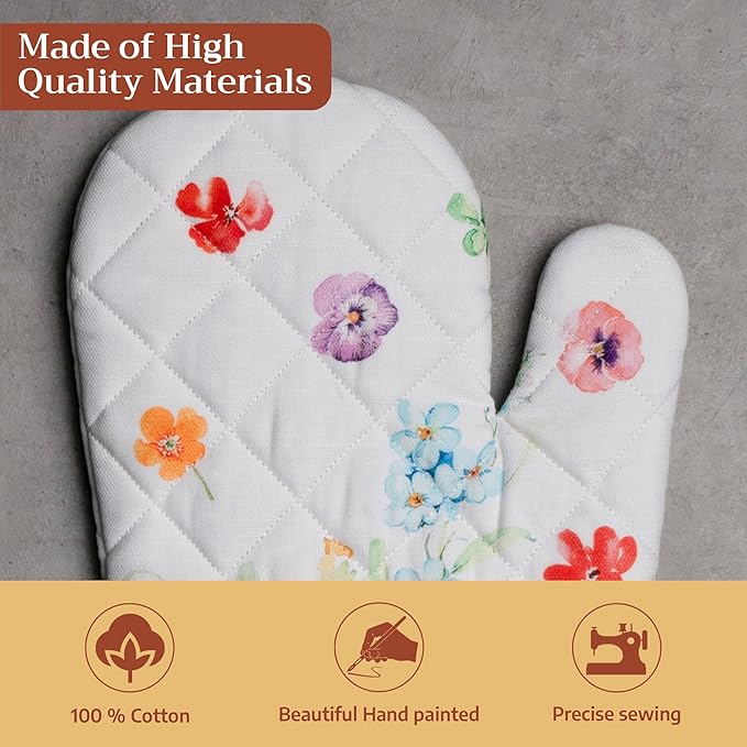 Maison d'Hermine Oven Gloves 100% Cotton Oven Mitt 7" x 13" with Loop Heat Resistant BBQ Cooking Gloves Baking Grilling Gifts for Mothers Day Spring/Summer (Pack of 1, Summer Whisper)