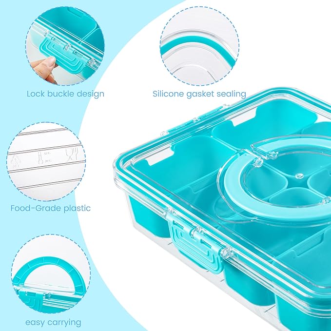 Dingerjar Divided Serving Tray with Lid and Handle - Snackle Box Charcuterie Container for Portable Snack Platters Organizer for Candy, Fruits, Nuts, Snacks - Perfect for Party, Entertaining, Black