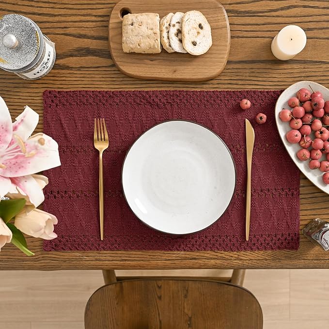 Artoid Mode Red Farmhouse Woven Rustic Hollow Placemats Set of 6,12x18 Inch Seasonal Holiday Table Mats Party Kitchen Dining Decoration