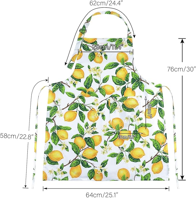 G2PLUS Cotton Kitchen Apron with Pockets, Thick Lemon Apron, Adjustable Cooking Apron for Baking, Chef Apron for Women, Men, Holiday and Xmas Gifts - 30 x 25 inch