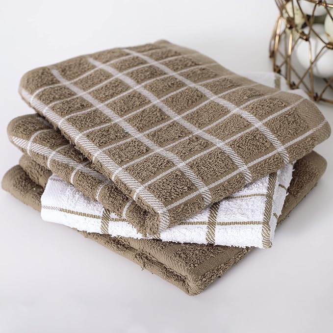 Ritz Terry Check Kitchen Towels: Highly Absorbent & Super Soft, 25" x 15" - 100% Cotton, Durable Kitchen Cleaning Cloths for Wiping Tables and Counters, 3-Pack, Mocha