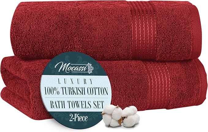 Mocassi Luxury 100% Turkish Cotton 2-Pack Bath Towel Set- Ultra Soft, Quick Dry Highly Absorbent 27 x 54 inch Premium Spa Hotel Quality 2PC Bath Towels - Luxurious Soft Bathroom Towels, Burgundy