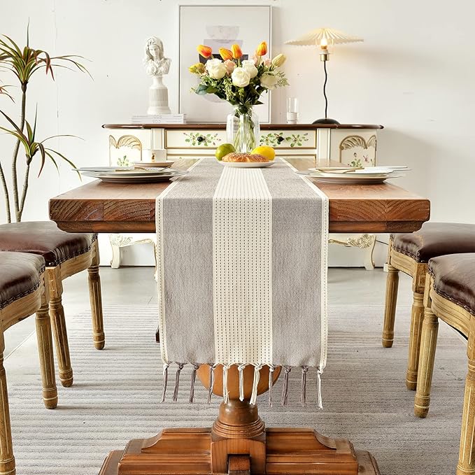 Wracra Linen Table Runner, Farmhouse Macrame Table Runners 108 Inches Long for Dining Table Decor, Wedding, Party and Dresser Decor (Dark Coffee,108")