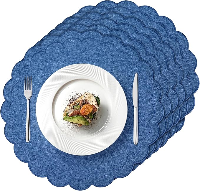 Set of 6 Dark Blue Cotton Linen Placemats, 15x15 Scalloped Flower Embroidery Cloth Table Mats Double Layered Fabric Machine Washable Wrinkle Free Dining Placemat for Hotel Restaurant Kitchen Decor