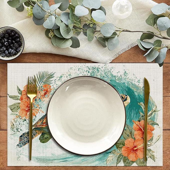Sea Turtle Flowers Placemats Set of 6,12 x 18 Inch Table Mats Washable Heat Resistant Linen Fabric Rectangle Place Mat for Party Home Kitchen Dining