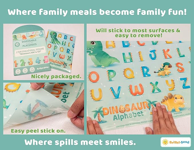 Bright Seed Disposable Placemats for Baby, Toddlers and Kids, 40 Disposable Baby Placemats for Restaurant, Dining Table & Travel, Learning Placemats for Kids, Toddler Travel, Dinosaurs ABC & Numbers