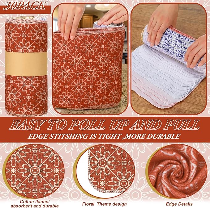 Redbaker 30 Pcs Reusable Paper Towels Rolls Towels Bulk Kitchen Washable Paperless Cloth Cotton Hand Napkins with Cardboard Reusable Napkins for Kitchen Bathroom (Bohemian)