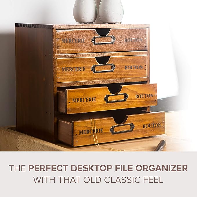 Modular Stackable Apothecary Cabinet 4 Drawer Desk Organizer - Retro Library Card Catalog Wood Storage Box - Organize Stationery, Thread Embroidery, Sewing, Crafts, Junk Drawer & Supplies Countertop