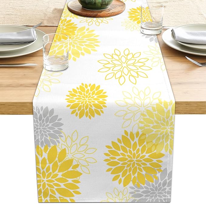 Dahlia Flower Table Runner 13x90 Inch Farmhouse Yellow Gray Runners Modern Table Decorations Rustic Geometric Coffee Table Runner for Home Kitchen Dining Room Party (13"x90", Dahlia Floral-Yellow)
