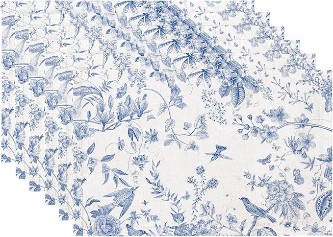 QiyI Boho Placemats Set of 6, 12x18 Inch Linen Fabric Place Mats for Kitchen Dinning, Farmhouse Rustic Floral Cloth Table Mats, Washable Placemat Botanical Party Table Décor, Blue Garden
