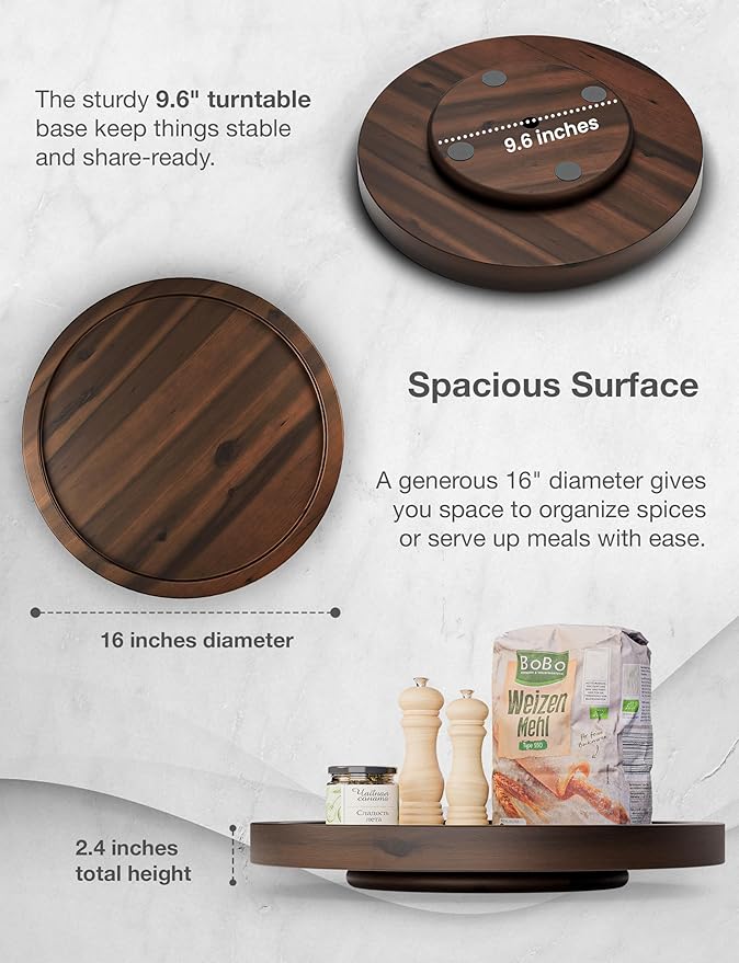 TIDITA 16" Acacia Lazy Susan Turntable for Table - Wooden Charcuterie Boards Cheese Board - Extra Large Lazy Susan Organizer - Kitchen Turntable for Cabinet, Pantry (16 Inch, Walnut)