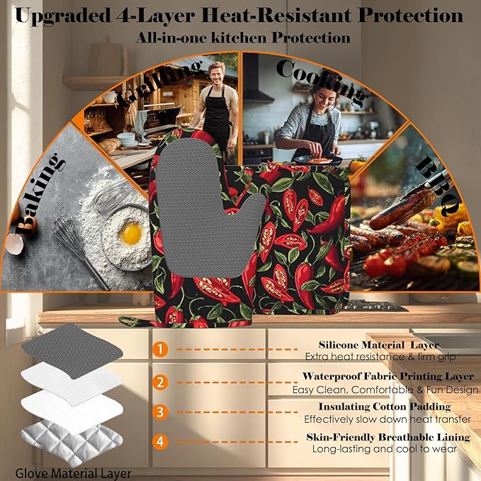 Mexican Hot Pepper Chili Oven Mitt and Pot Holder with Silicone Heat Resistant Kitchen for Cooking BBQ Baking Grilling Cooking Protection