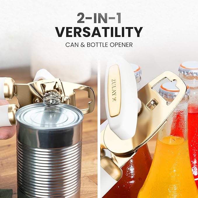 Zulay Kitchen Heavy Duty Stainless Steel Can Opener Manual with Bottle Opener - Rust Proof Manual Can Opener With Turn Knob & Comfy Soft Grip Handles - White & Gold