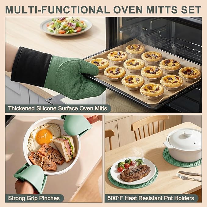 sungwoo 6pcs Silicone Oven Mitts and Pot Holders Sets, 14.6 Inch Heat Resistant Oven Gloves with Quilted Liner Non-Slip Textured Grip Perfect for BBQ, Baking, Cooking and Grilling Green