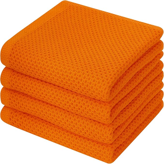Kitinjoy 100% Cotton Waffle Weave Kitchen Hand Towels (13 x 28 Inches, Orange), 4-Pack Super Soft and Absorbent Dish Towels for Drying Dishes