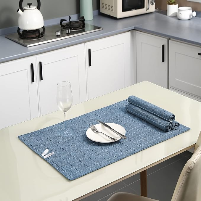 Puomue Microfiber Kitchen Towels and Dishcloths Set, 26 X 18 Inch and 12 X 12 Inch, Set of 12 Bulk Lint Free Dish Towels for Drying Dishes, Blue