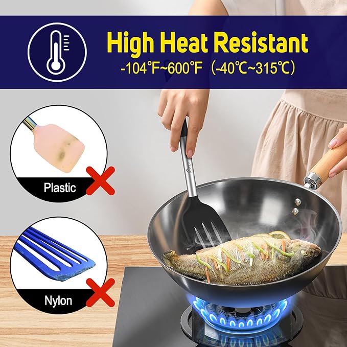 HOTEC Silicone Spatula Set of 2 Heat-Resistant 600°F & BPA-Free Kitchen SaptulaTurner with Stainless Steel Handles, Slotted & Solid Spatulas for Nonstick Cookware, 13.7 Inch, Black