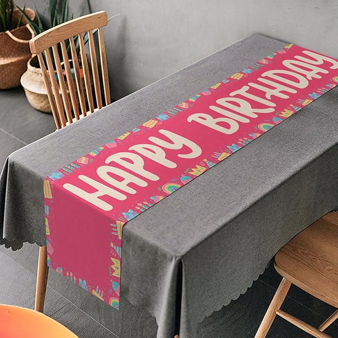 Happy Birthday Table Runner 13x72 Inch Pink Birthday Cake Box Candle Rainbow Farmhouse Polyester Linen Table Decoration for Kitchen Dinning, Indoor Outdoor Home Dinner Party (Red)