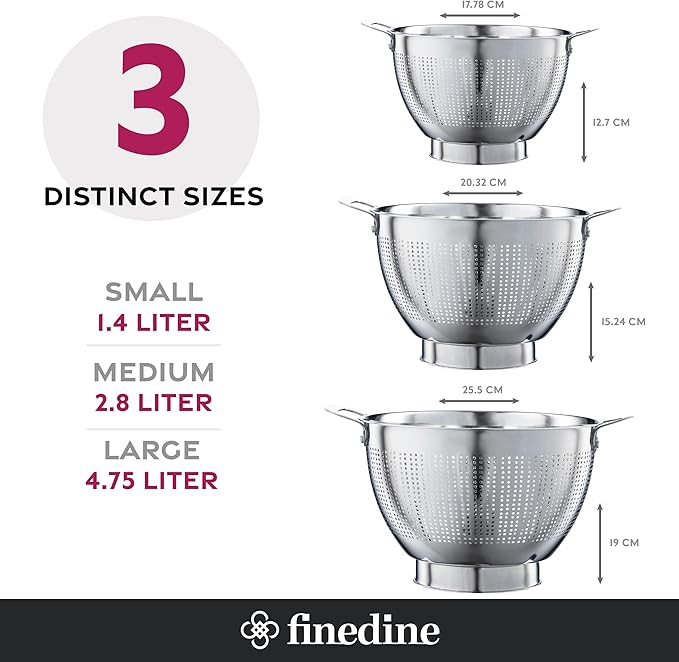 YH-Goods Stainless Steel Colander - 3-Piece Kitchen Sink Strainer Set for Pasta, Rice, Fruit, Food - Stackable Strainers and Colanders, (5-Quart, 3-Quart, and 1.5-Quart)