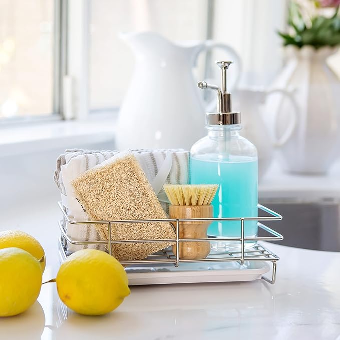 Kitchen Sink Caddy Sponge Soap Holder for Countertop Large Kitchen Soap Tray Sink Organizer