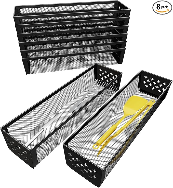 Simple Trending Silverware Drawer Organizer, 8 Pack Utensil Organizer for Kitchen Drawers, Metal Storage for Spoons Forks Knives (12.2 * 3.2 * 2.1 Inches, Black)