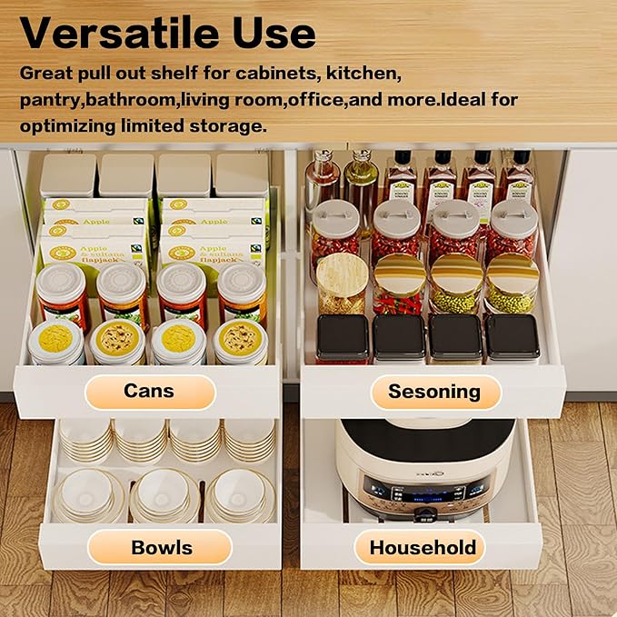 2 Pack Pull Out Cabinet Organizer Adhesive, 10" Wide 16.9" Deep Pull out Drawers for Face Frame or Frameless Cabinets, No Drill Heavy Duty Carbon Steel Drawer, Pantry Cabinet Shelf