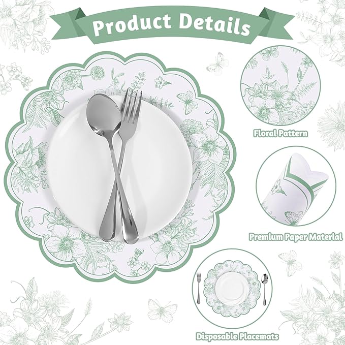 60 Pcs Sage Green Floral Paper Placemat, 13.5 Inch Disposable Scalloped Table Mats Wedding Placemats,Vintage Floral Banquet Place Mats for Mother's Day Wedding Bridal Tea Party Wildflower Party Decor