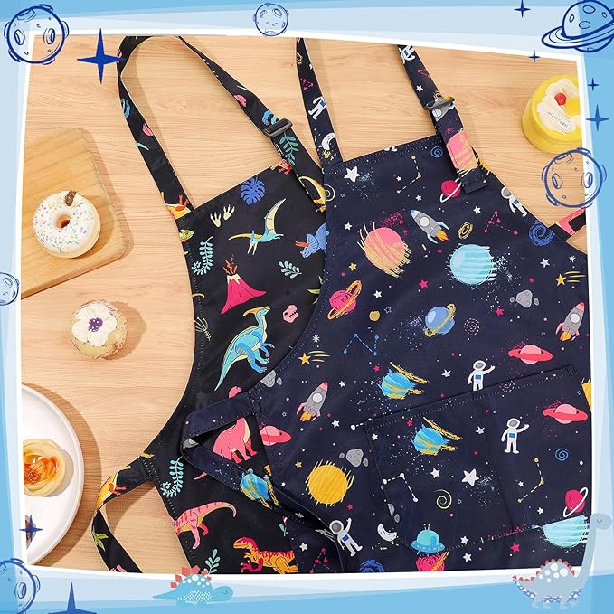 2 Pack Kids Apron, Cute Cooking Aprons, Waterproof Art Apron with Pockets, Toddler Painting Artist Apron Adjustable