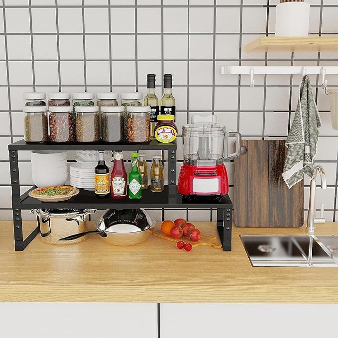 Jojocross Expandable Cabinet Shelf Organizer Storage Spice Rack Shelves for Kitchen Stackable Adjustable Pantry Cupboard Bathroom Countertop Desktop(2Packs/Black/Large)