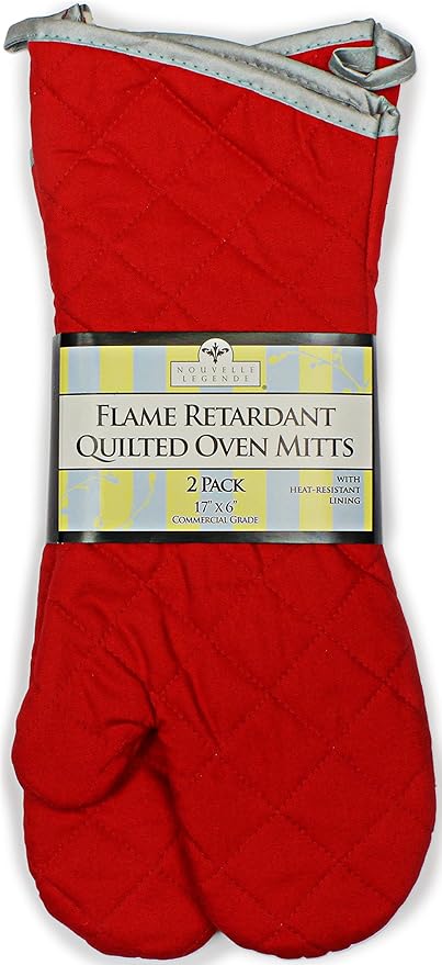 Nouvelle Legende Flame Retardant Quilted Oven Mitts, 17" Heavy-Duty Heat & Burn Protection for Kitchen, BBQ, Grilling, Lab-Tested, Flexible, Oversized, 2-Pack, Red