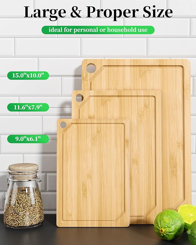 Kitsure Bamboo Cutting Board Set - Multi-Sizes Wooden Cutting Boards for Kitchen, Convenient Kitchen Essentials with Deep Juice Grooves, Cutting Board for Chopping & Serving, 3 Pack, Natural