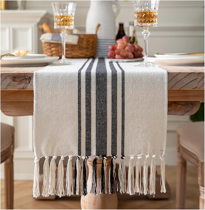Boho Table Runner for Modern Farmhouse Decor, Dining Table décor 13 x 90 Inch Long, Coffee Table Runner with Handcrafted Tassels, Black and Beige, for Home Bohemian Decoration
