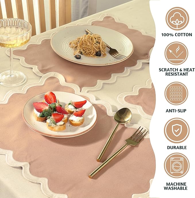 Folkulture Placemats Set of 4 | (13 x 19) 100% Cotton Rustic Place Mats | Heat Resistant Table Mats for Dining Table Decor | Boho Placemats, Scalloped Kitchen Mats or Table Placemats (Sand)