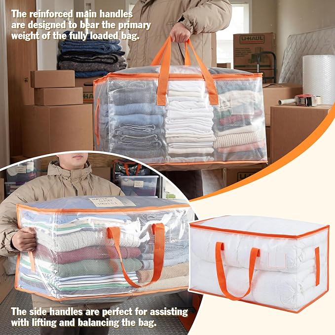 KYODOLED Clear Moving Bags with Orange Handles, 6-Pack Heavy Duty Storage Totes for Clothes & Bedding, Extra Large 27"x14"x15" (24 Gal), Foldable Transparent Organizer with Label Pocket, PP Material