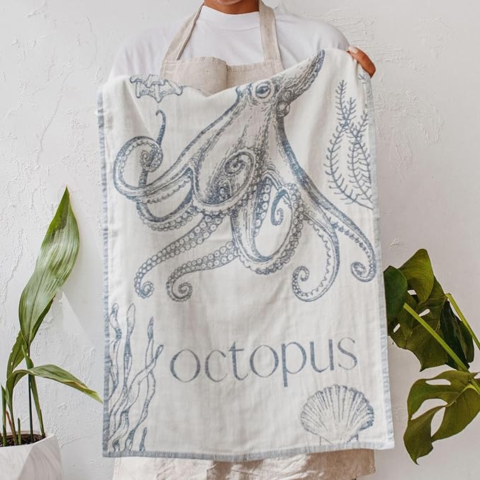 Nautical Kitchen Towels with Ocean-Themed Designs – 100% Turkish Cotton Jacquard Tea Towels with Octopus, Crab, Seahorse & Jellyfish Designs – Soft, Absorbent & Decorative Dishcloths (Sea Life)