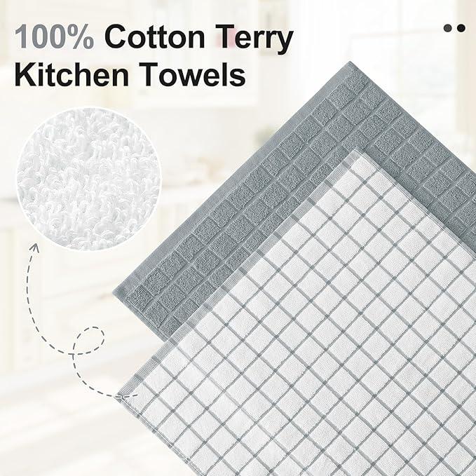 Homaxy Premium Cotton Kitchen Towels 16"x 28", Large Natural Ring Spun 390 GSM Dish Towels, Super Absorbent Terry Kitchen Hand Towels, Soft Tea Towels with Hanging Loop, Grey Check Design, 8 Pack