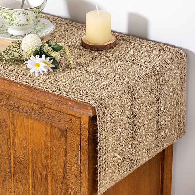 Socomi Boho Table Runner Easter Spring Farmhouse Burlap Jute Bamboo Rustic Dining Kitchen Centerpiece Decor Long Macrame Woven Coffee Table Runner for Dresser Scarf Home Decor 12x90 inch